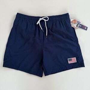 Spicy Tuna Men's Swim Trunks Large Navy Blue USA Flag UPF 50 Lined 5" Inseam NWT